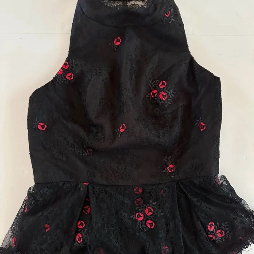ML Monique Lhuillier Black Lace Maxi Dress with Embroidery Red Roses size 8 - Picture 6 of 12